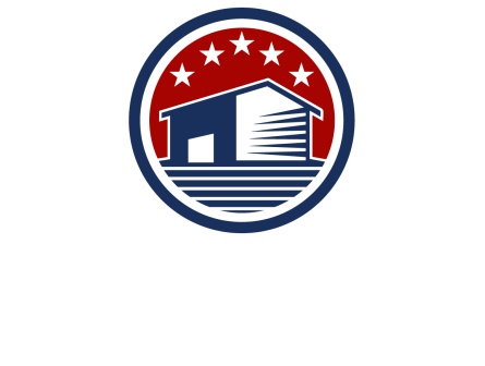 Circular logo with a dark blue border, red background, five white stars, and a dark blue barn or metal building illustration