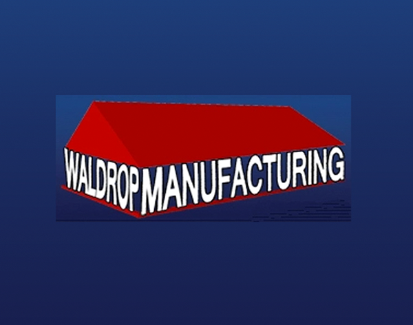 Waldrop Manufacturing logo with red roof building graphic and bold white text