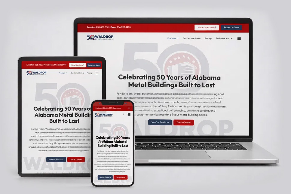 Waldrop metal buildings website displayed on laptop, tablet, and phone celebrating 50 years of Alabama metal buildings